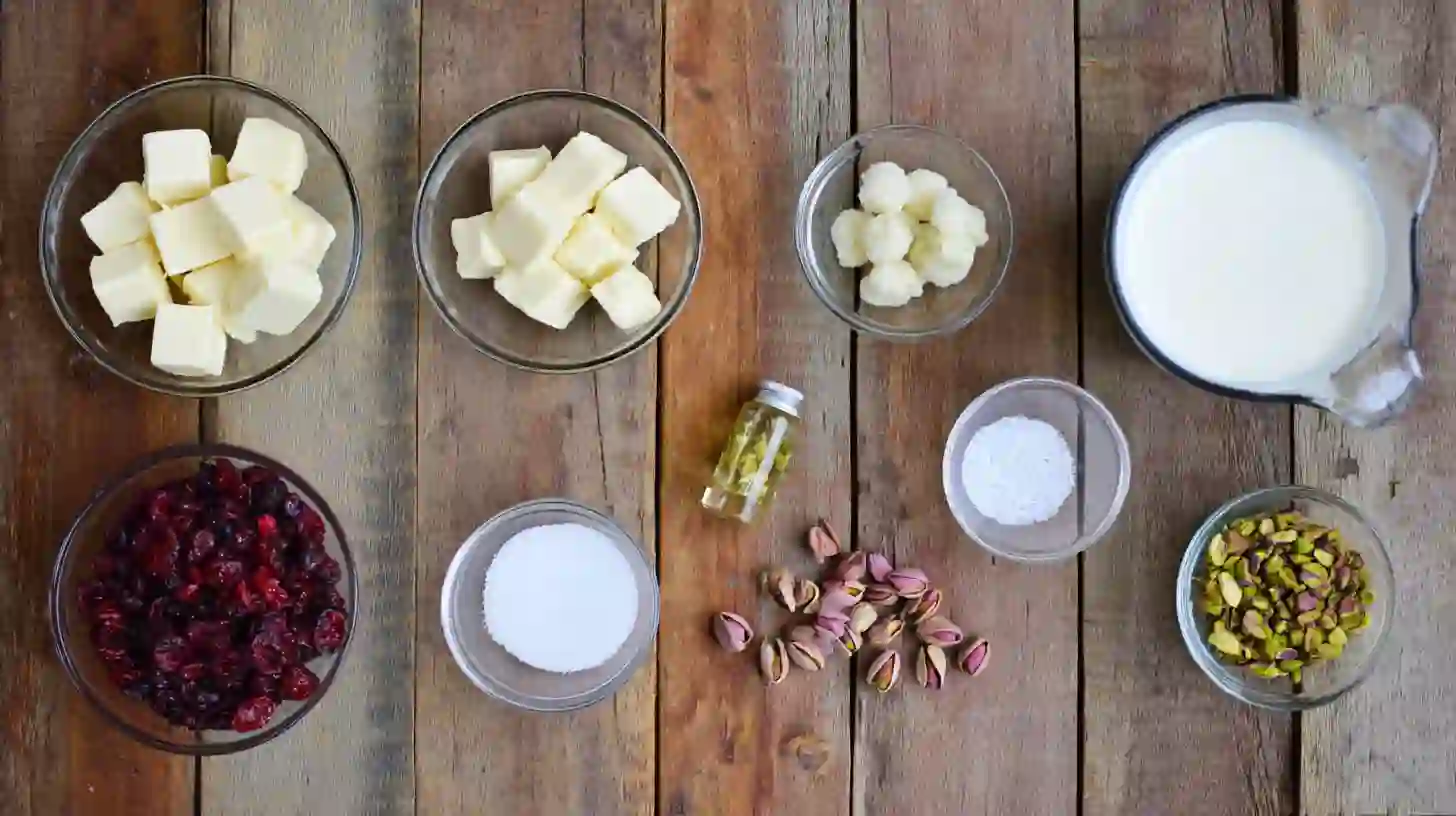 Ingredients for White Chocolate Cranberry Pistachio Truffles – no bake dessert recipes easy