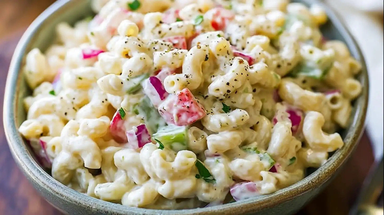 Macaroni salad recipe with creamy mayo dressing and fresh vegetables – easy pasta salad recipes for potluck gatherings