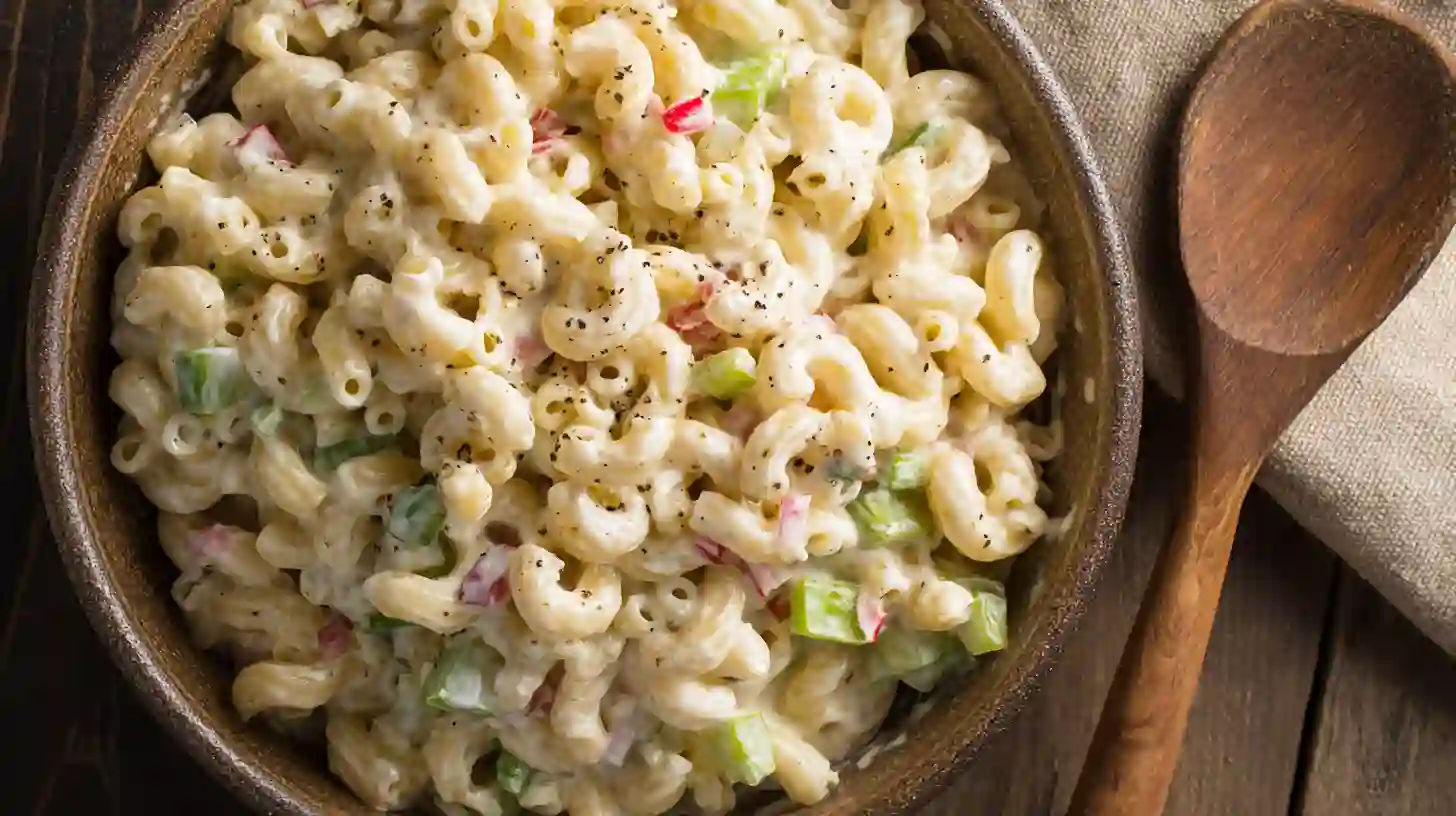 Macaroni salad recipe finished with creamy dressing and vegetables for easy pasta salad recipes for potluck gatherings