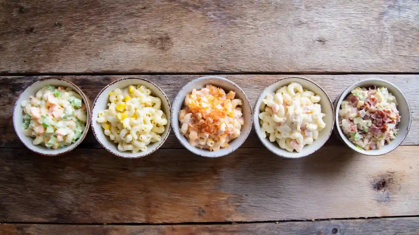 Macaroni salad recipe variations including classic Southern, deli-style, Hawaiian, lightened-up, and gourmet options for easy side dish recipes and quick cold lunch recipes