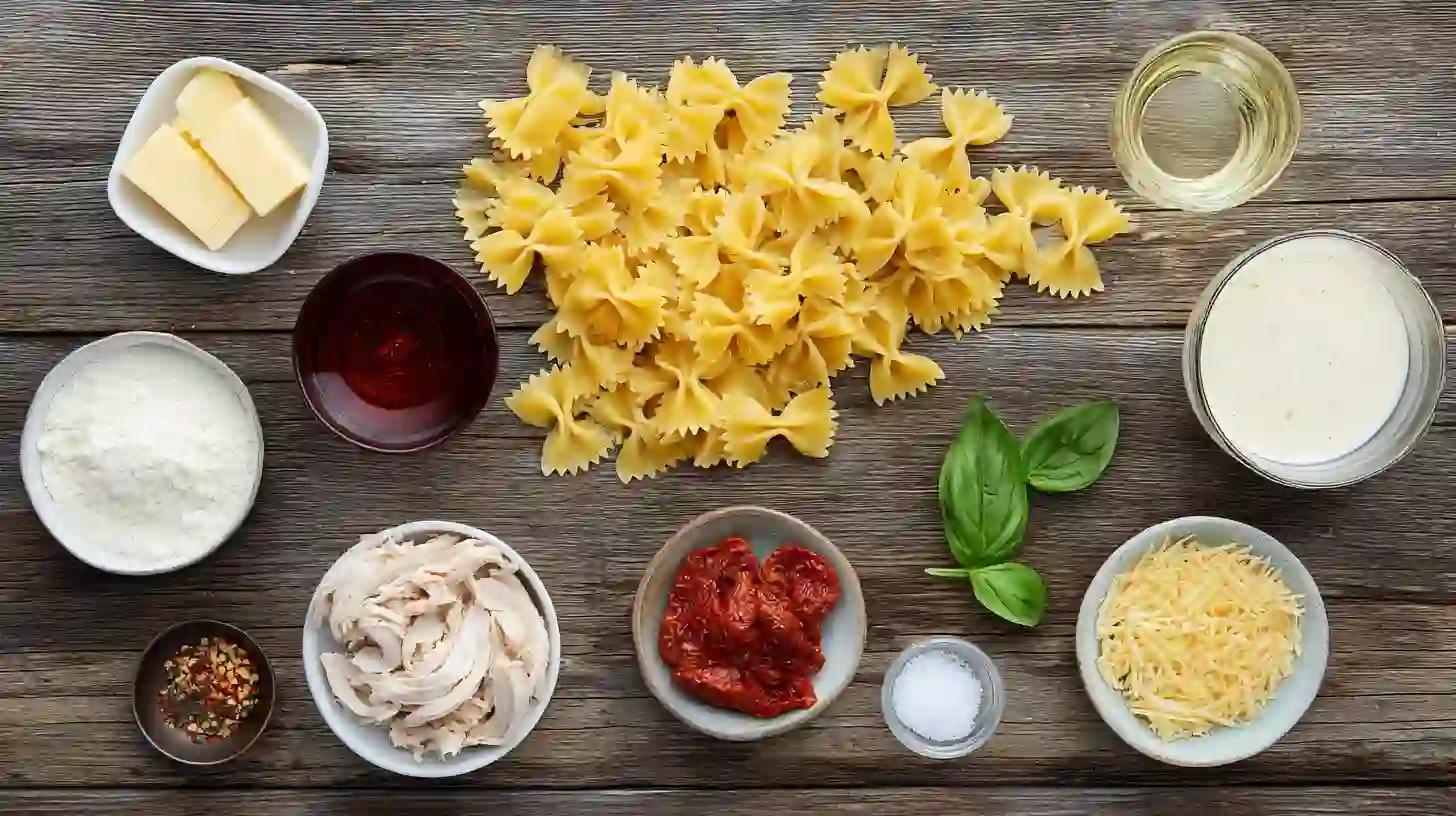 marry-me-chicken-pasta-ingredients-Image Ingredients for Marry Me Chicken Pasta with pasta, chicken, cream, sun-dried tomatoes, and parmesan