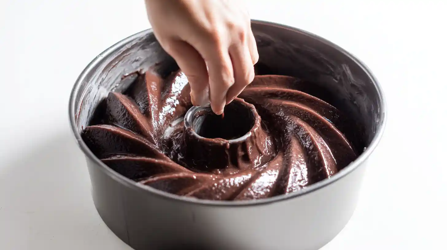moist-chocolate-bundt-cake-step5-bake Bundt pan filled with chocolate batter – best ever chocolate bundt cake recipe and easy desserts for special occasions
