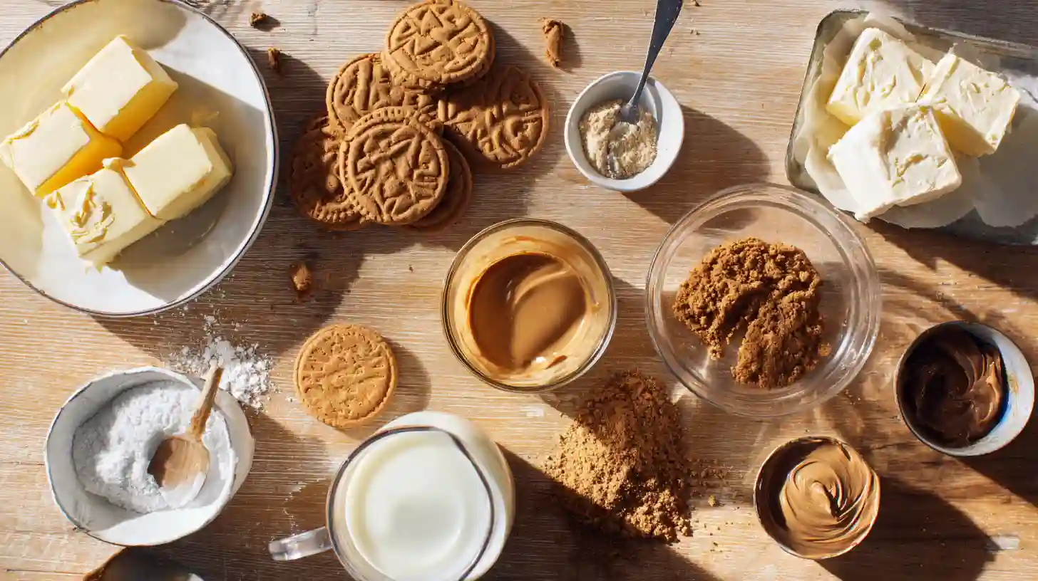 no-bake-biscoff-and-nutella-dream-bars-Ingredients-Image Ingredients for No-Bake Biscoff and Nutella Dream Bars with cream cheese, cookie butter, and Nutella – best no-bake dessert recipes