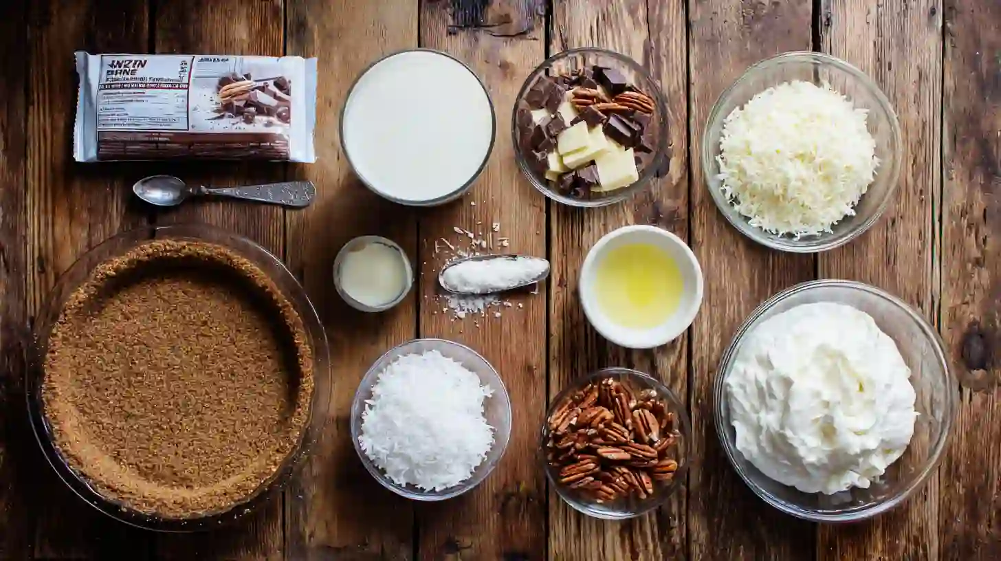 no-bake-german-chocolate-pie-Perfect-Dessert-ingredients-Image Ingredients for no-bake German chocolate pie perfect dessert including graham cracker crust, pudding mix, coconut, pecans, and condensed milk