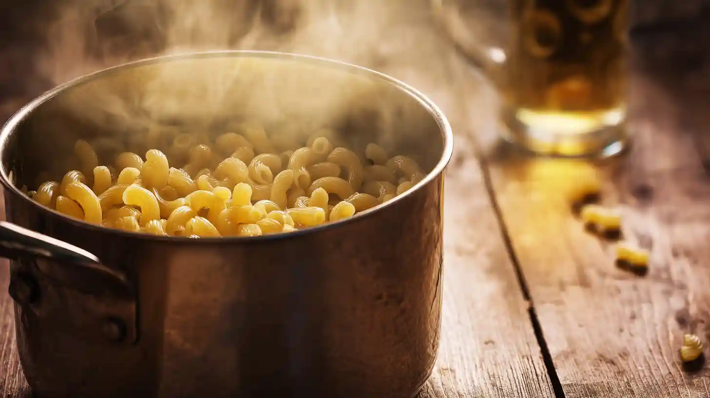 Boiling pasta for Oktoberfest Bacon Beer Mac and Cheese – quick weeknight pasta meals with cheesy bacon comfort food