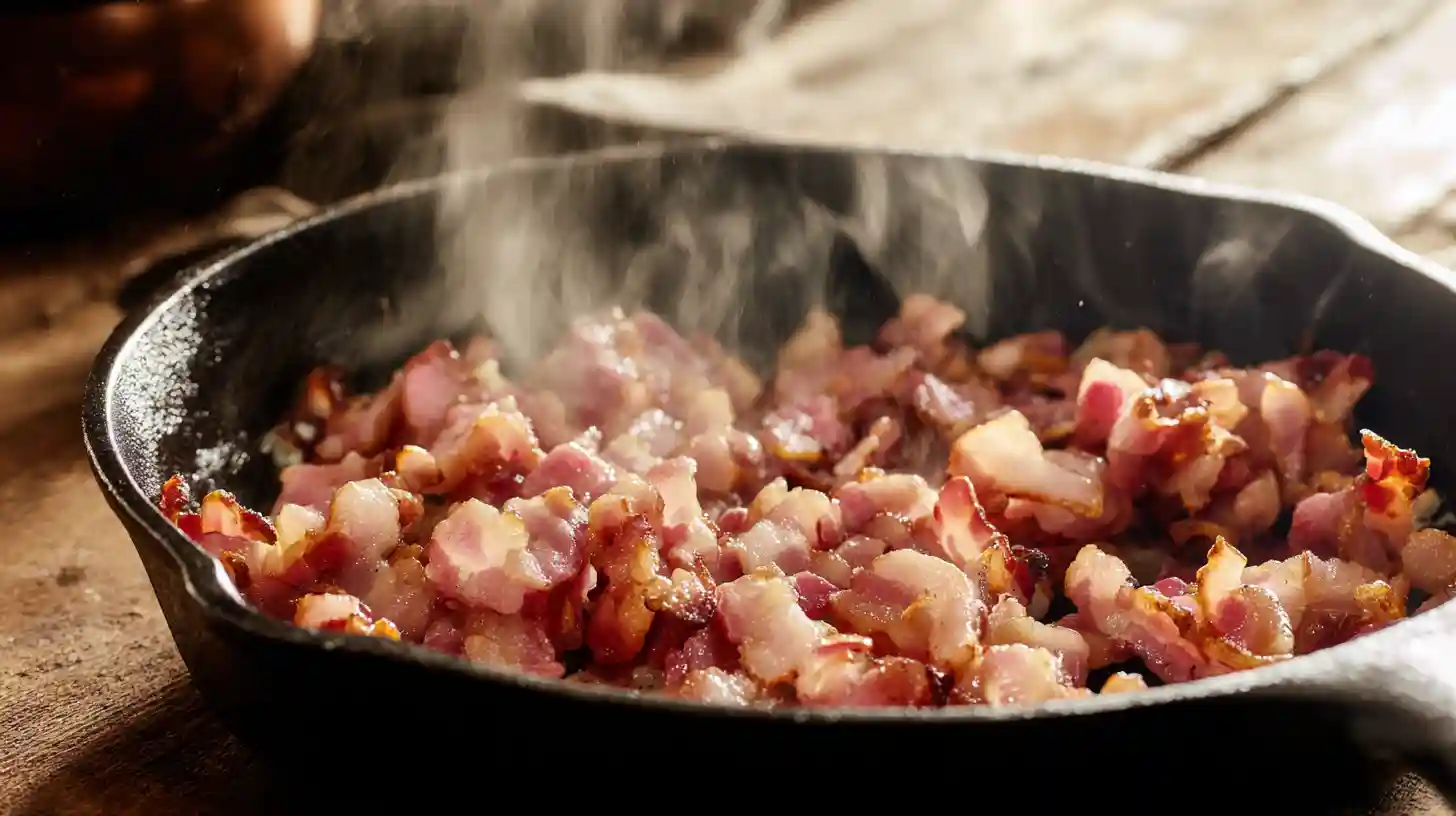 Crispy bacon cooking for Oktoberfest Bacon Beer Mac and Cheese – cheesy bacon comfort food and family dinner recipes with bacon