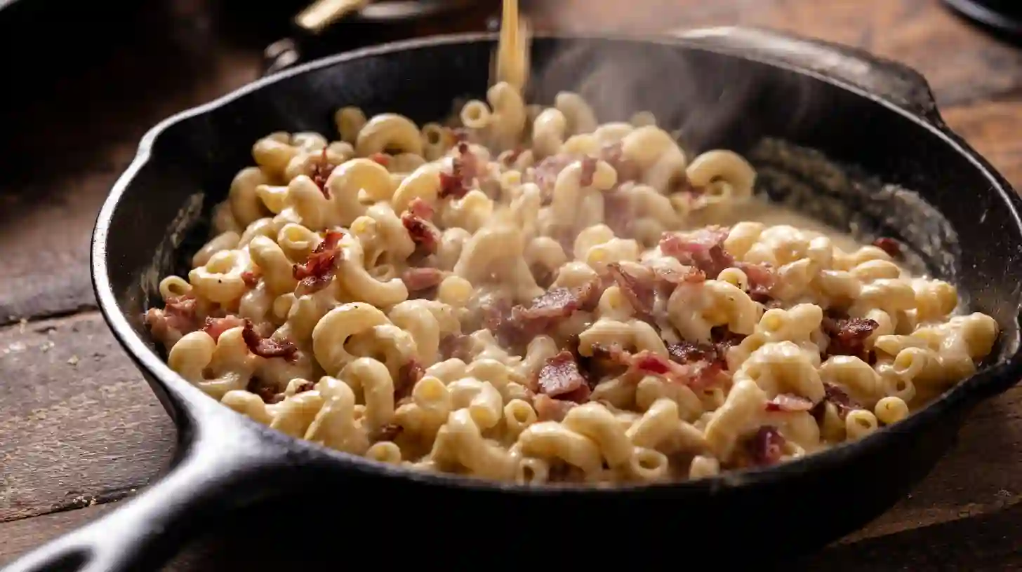 Tossing pasta and bacon into creamy beer cheese sauce for Oktoberfest Bacon Beer Mac and Cheese – cheesy bacon comfort food and quick family dinner ideas