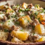 One-Pan Creamy Meat and Potato Skillet – cheesy meat and potato skillet recipe for easy dinner ideas with potatoes