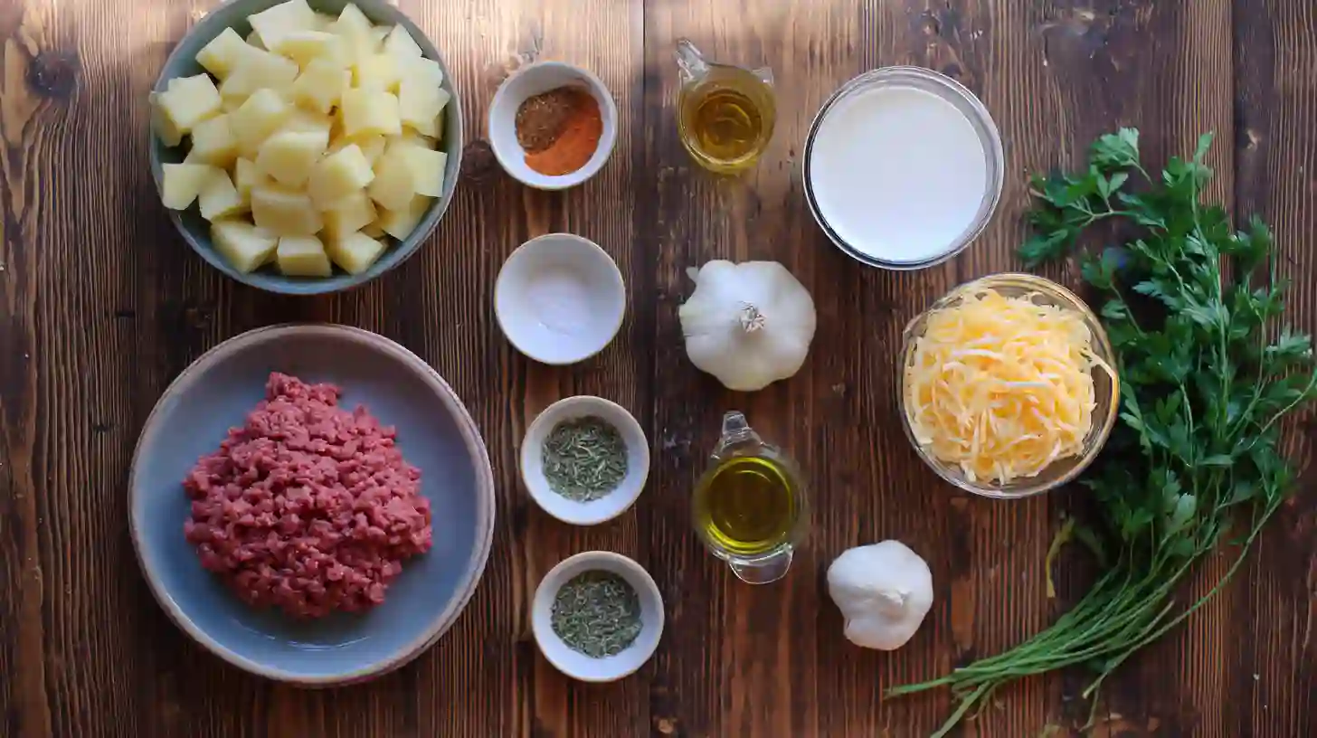 one-pan-creamy-meat-and-potato-skillet-ingredients-image Ingredients for One-Pan Creamy Meat and Potato Skillet – ground beef, potatoes, cheese, and spices for cheap one pan meals