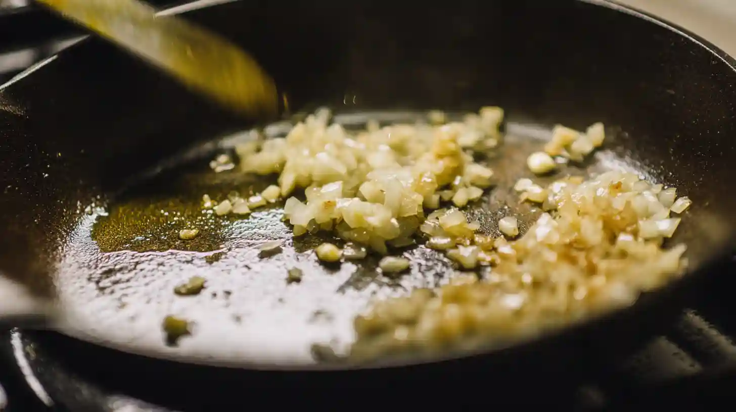 one-pan-meat-potato-skillet-step1-saute-onion-garlic Step 1 One-Pan Creamy Meat and Potato Skillet – sautéing onion and garlic for easy meal prep dinner ideas
