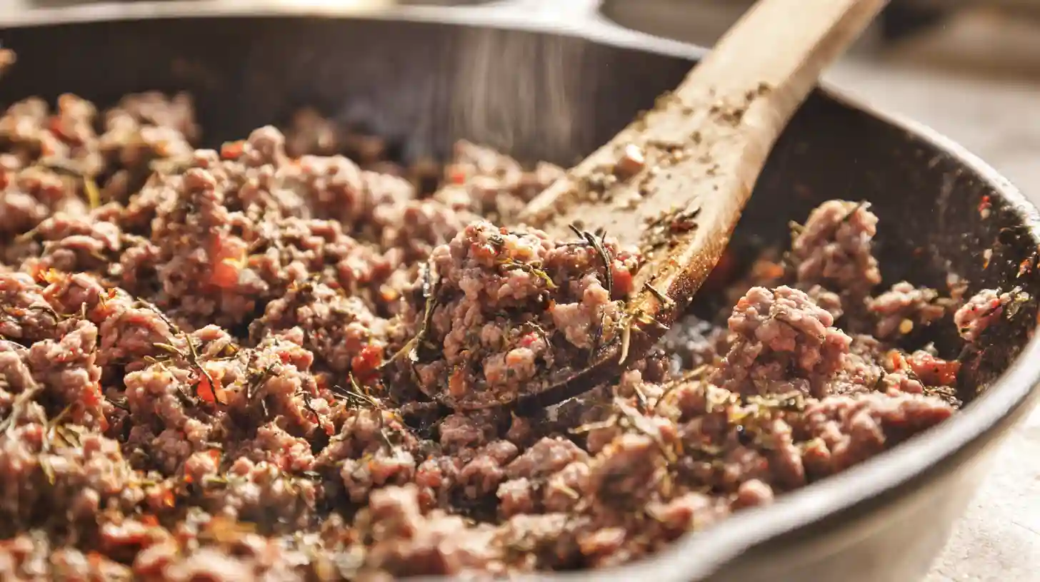 one-pan-meat-potato-skillet-step2-brown-meat Step 2 One-Pan Creamy Meat and Potato Skillet – browning ground beef with paprika and thyme for weeknight ground beef dinner ideas