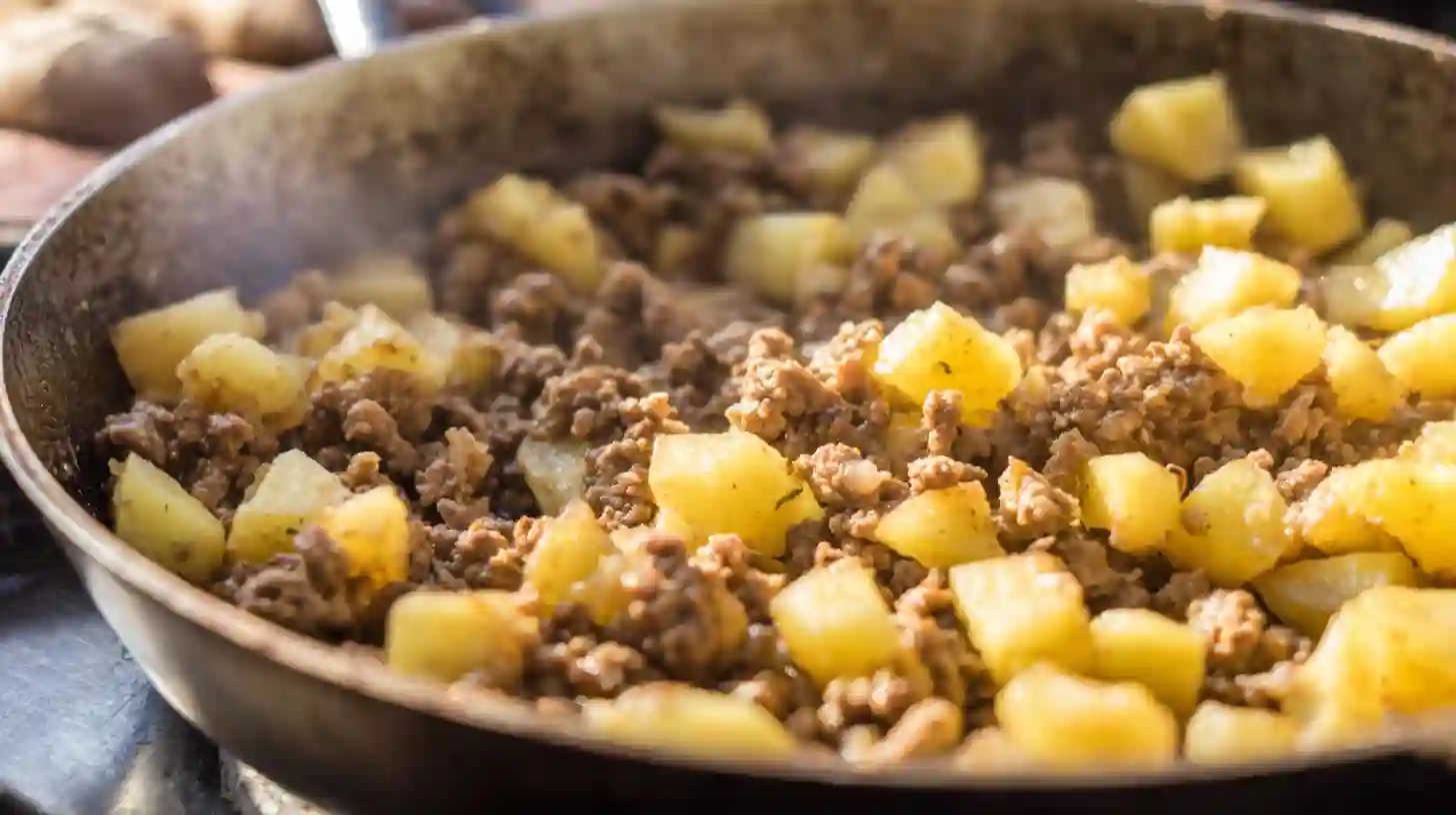 one-pan-meat-potato-skillet-step3-potatoes Step 3 One-Pan Creamy Meat and Potato Skillet – diced golden potatoes with ground beef for easy dinner ideas with potatoes