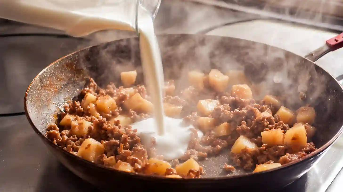 one-pan-meat-potato-skillet-step4-creamy-magic Step 4 One-Pan Creamy Meat and Potato Skillet – cream poured over beef and potatoes for creamy skillet dinner recipes with potatoes