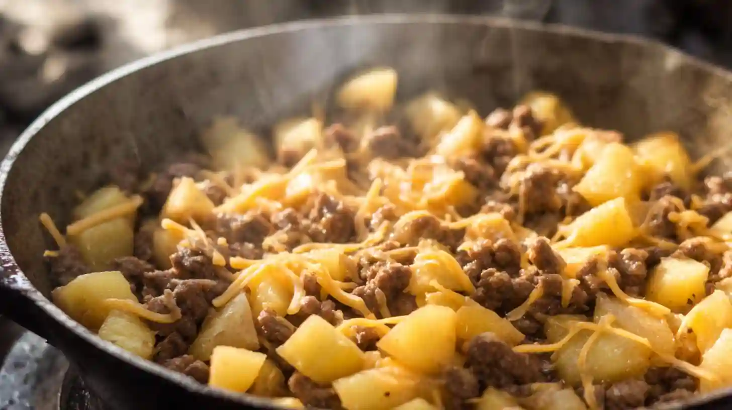 one-pan-meat-potato-skillet-step5-cheese-stretch Step 5 One-Pan Creamy Meat and Potato Skillet – melted cheese topping for cheesy meat and potato skillet and budget friendly dinner ideas