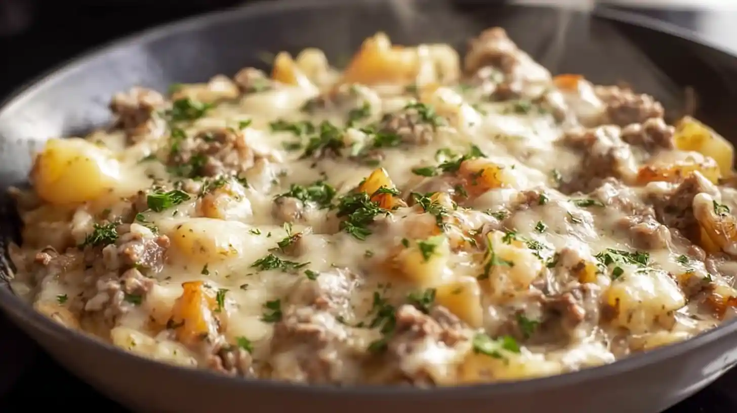 one-pan-meat-potato-skillet-step6-rest-serve Step 6 One-Pan Creamy Meat and Potato Skillet – resting skillet dinner with parsley garnish for easy meal prep dinner ideas