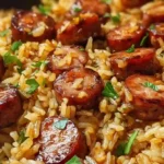 One Pan Sweet and Tangy Barbecue Sausage Rice recipe – smoky sausage with rice skillet, quick and easy BBQ dinner recipes.