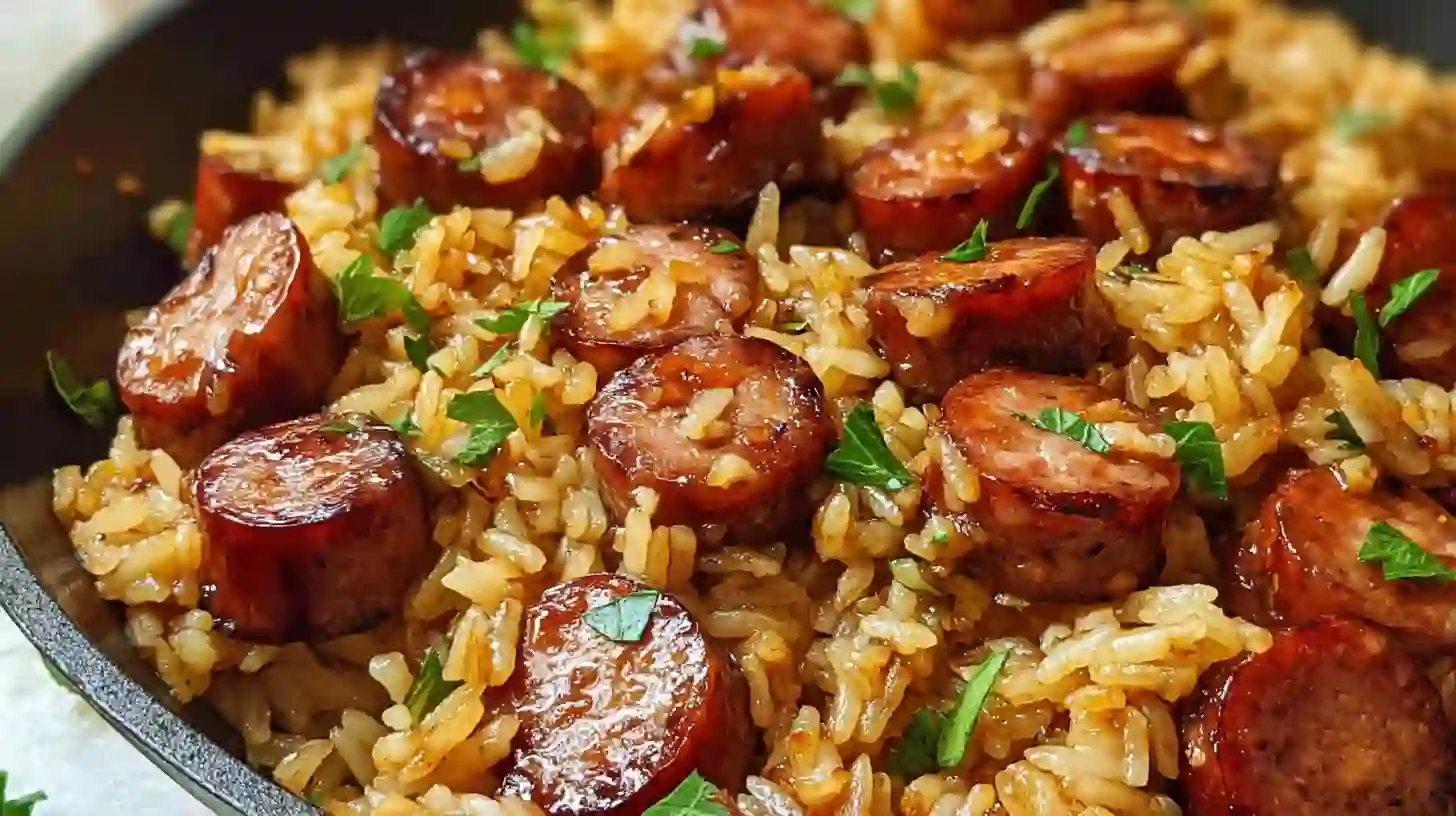 One Pan Sweet and Tangy Barbecue Sausage Rice recipe – smoky sausage with rice skillet, quick and easy BBQ dinner recipes.
