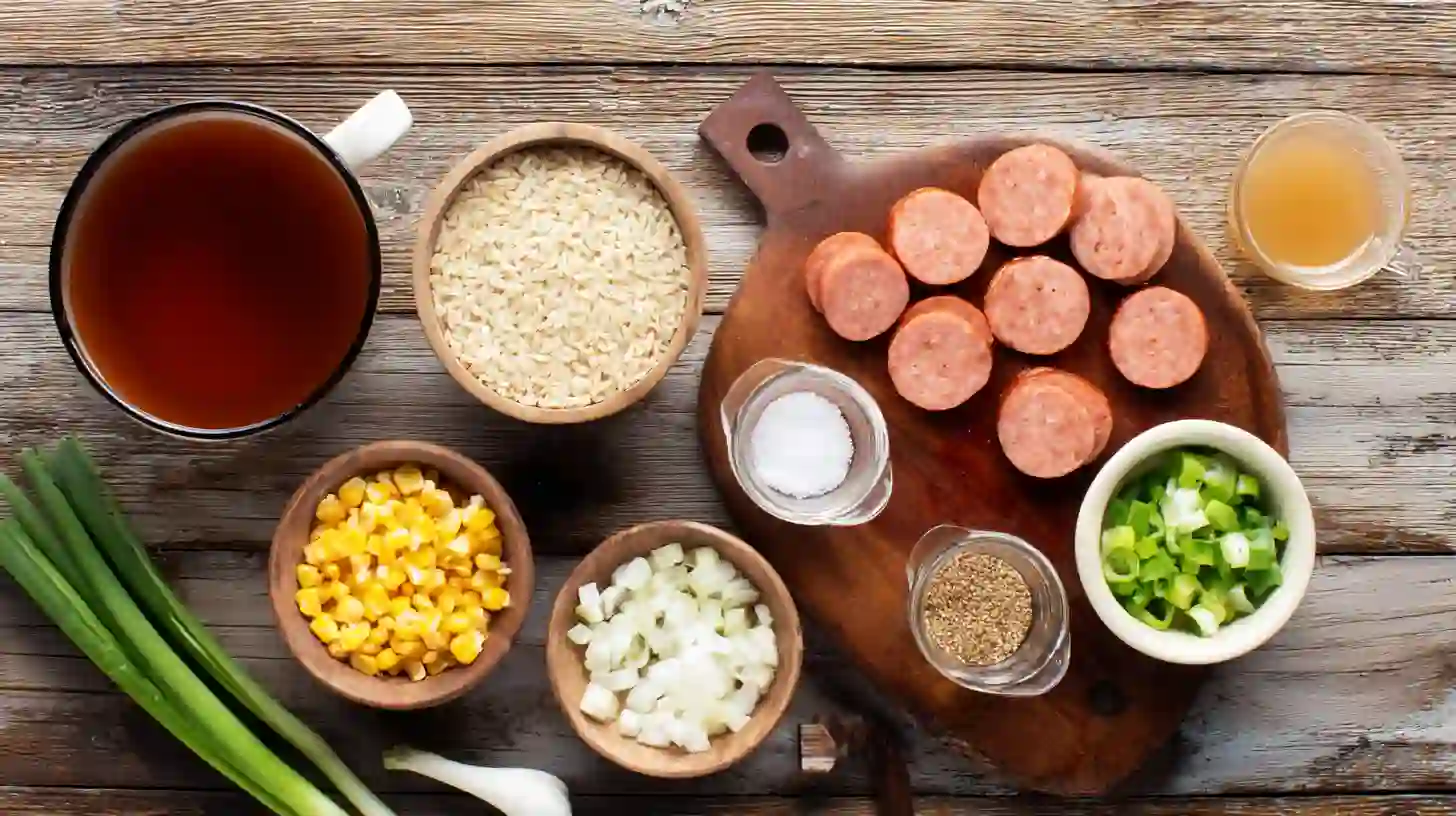 one-pan-sweet-and-tangy-barbecue-sausage-rice-Ingredient-Image Ingredients for One Pan Sweet and Tangy Barbecue Sausage Rice – smoked sausage, rice, BBQ sauce, broth, onion, peppers, spices.