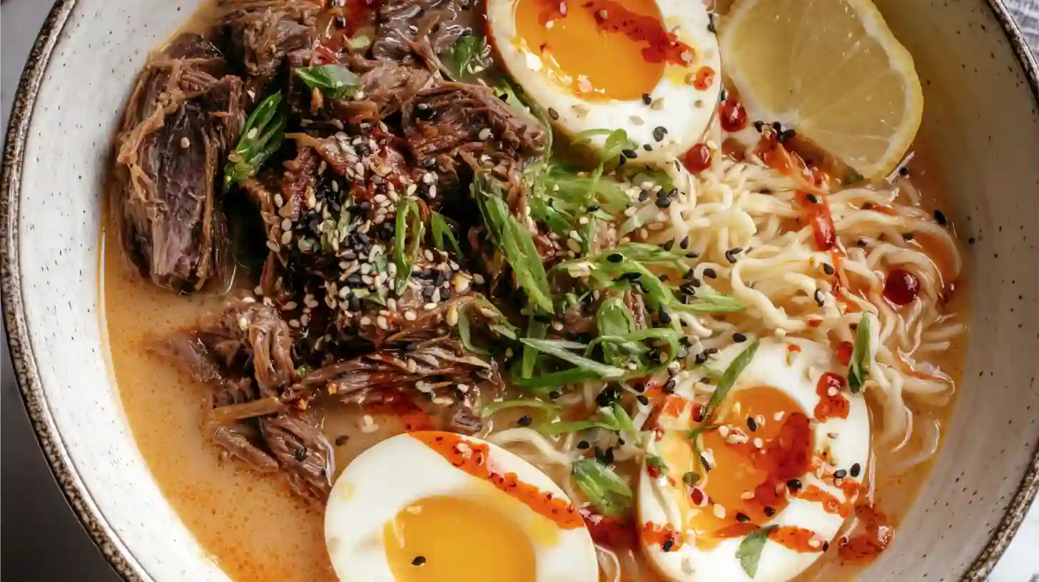 Oxtail Ramen with shredded oxtail, soft-boiled eggs, chili oil, and scallions – premium Asian comfort food and restaurant-style ramen at home