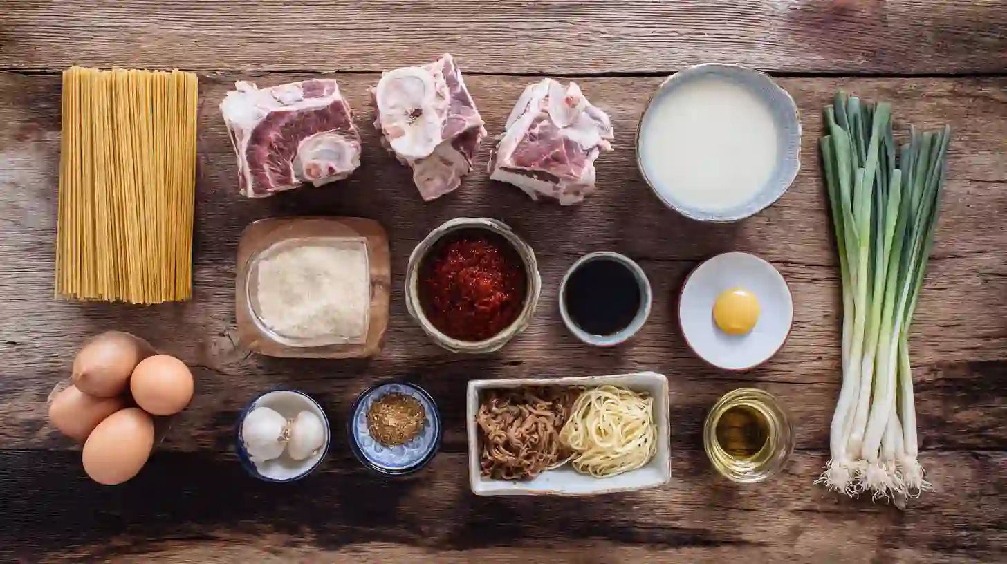oxtail-ramen-ingredients Ingredients for Oxtail Ramen including oxtail bones, ramen noodles, miso, gochujang, scallions, and eggs – premium Asian comfort food and easy gourmet dinner recipes