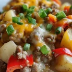 Perfect Crockpot Cheesesteak Potato Casserole with beef, potatoes, peppers, and melted cheese