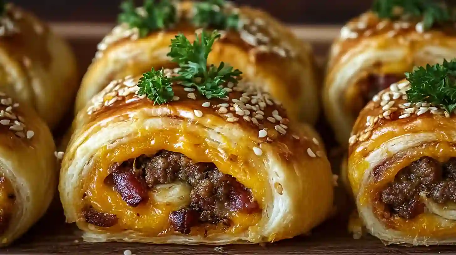 Perfect Garlic Butter Cheeseburger Rollups with bacon, cheddar, and flaky pastry, easy dinner recipes for families