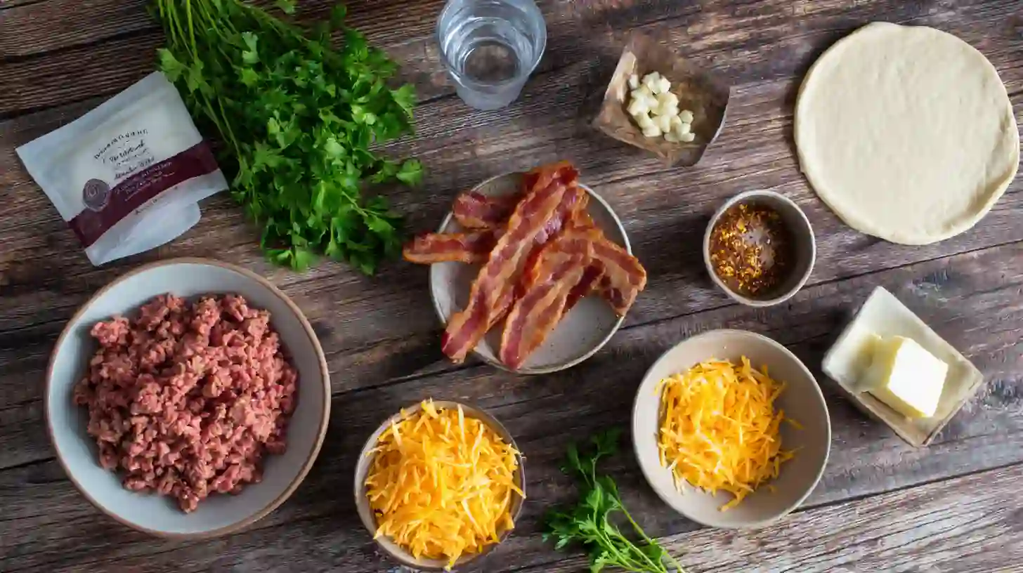 perfect-garlic-butter-cheeseburger-rollups-ingredients-Image Ingredients for Perfect Garlic Butter Cheeseburger Rollups including ground beef, bacon, cheddar, and pizza dough, simple stuffed rollup dinners