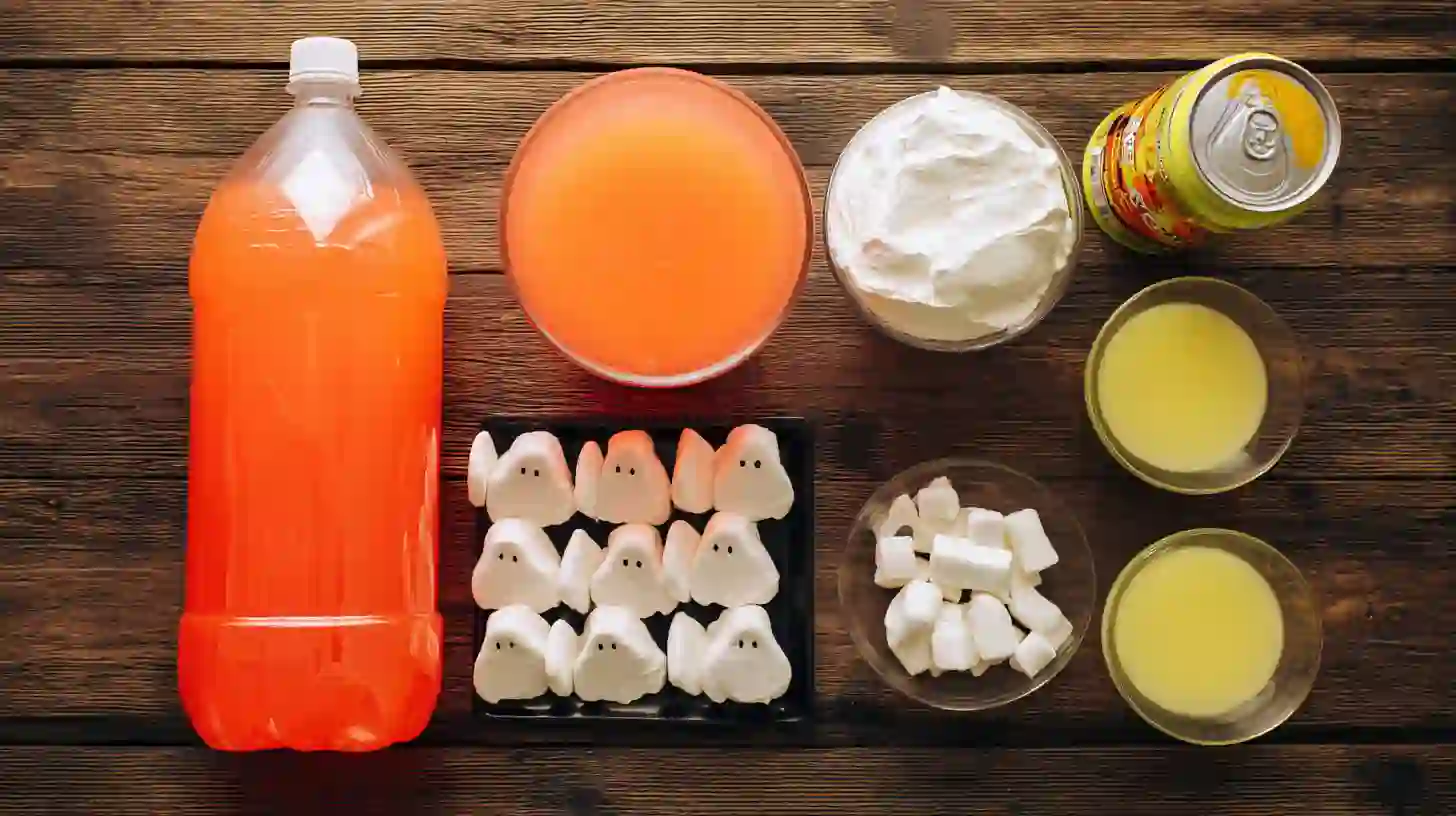perfect-halloween-punch-for-kids-ingredients-image Halloween punch ingredients – soda, orange juice, pineapple juice, orange sherbet, whipped cream, and marshmallow candies for homemade Halloween treats for kids