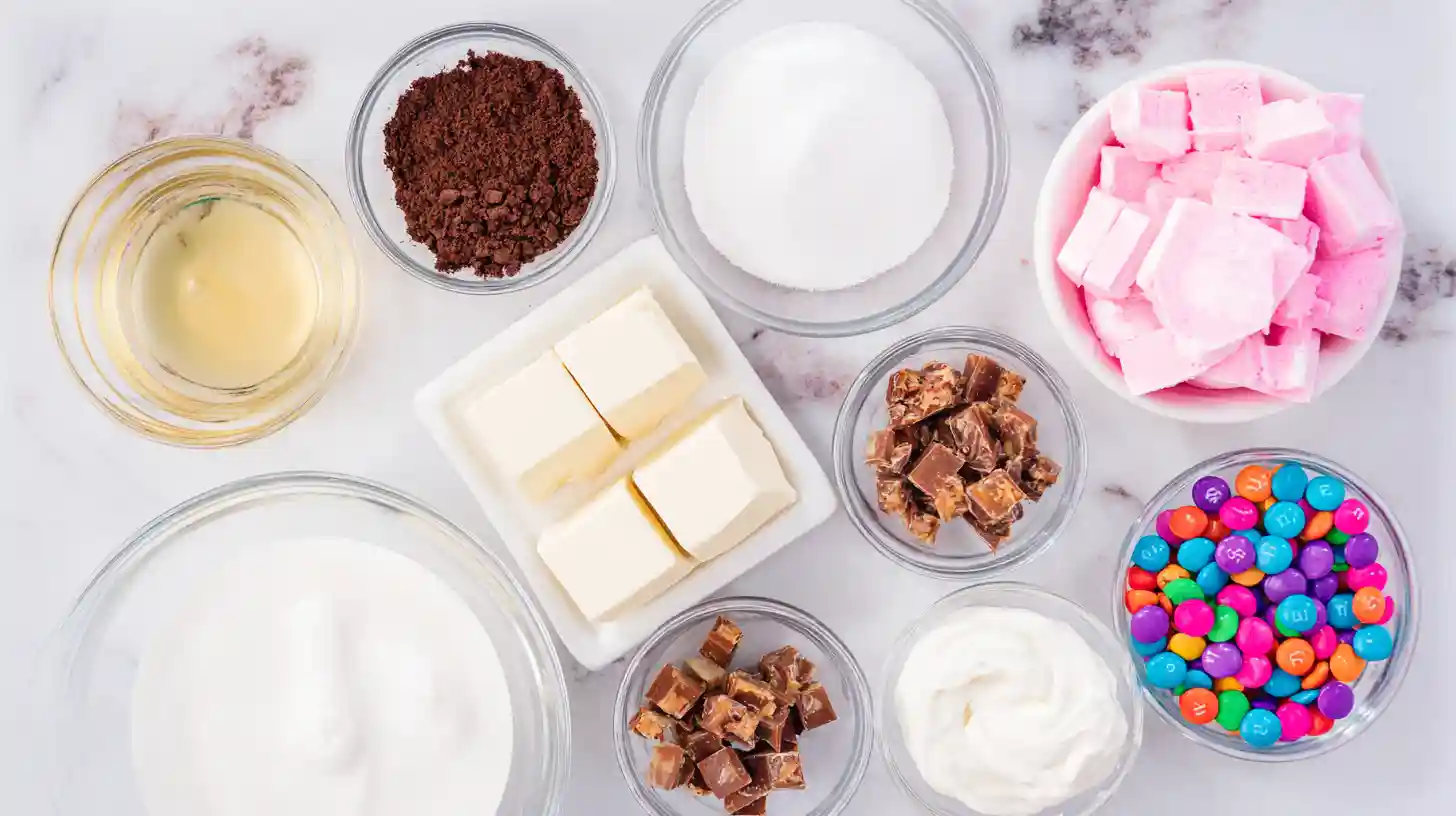 pink-paradise-no-bake-MM-snickers-cheesecake-Ingredients-Image Oreo crust cheesecake recipe ingredients with Snickers, M&Ms, cream cheese, and chocolate chips