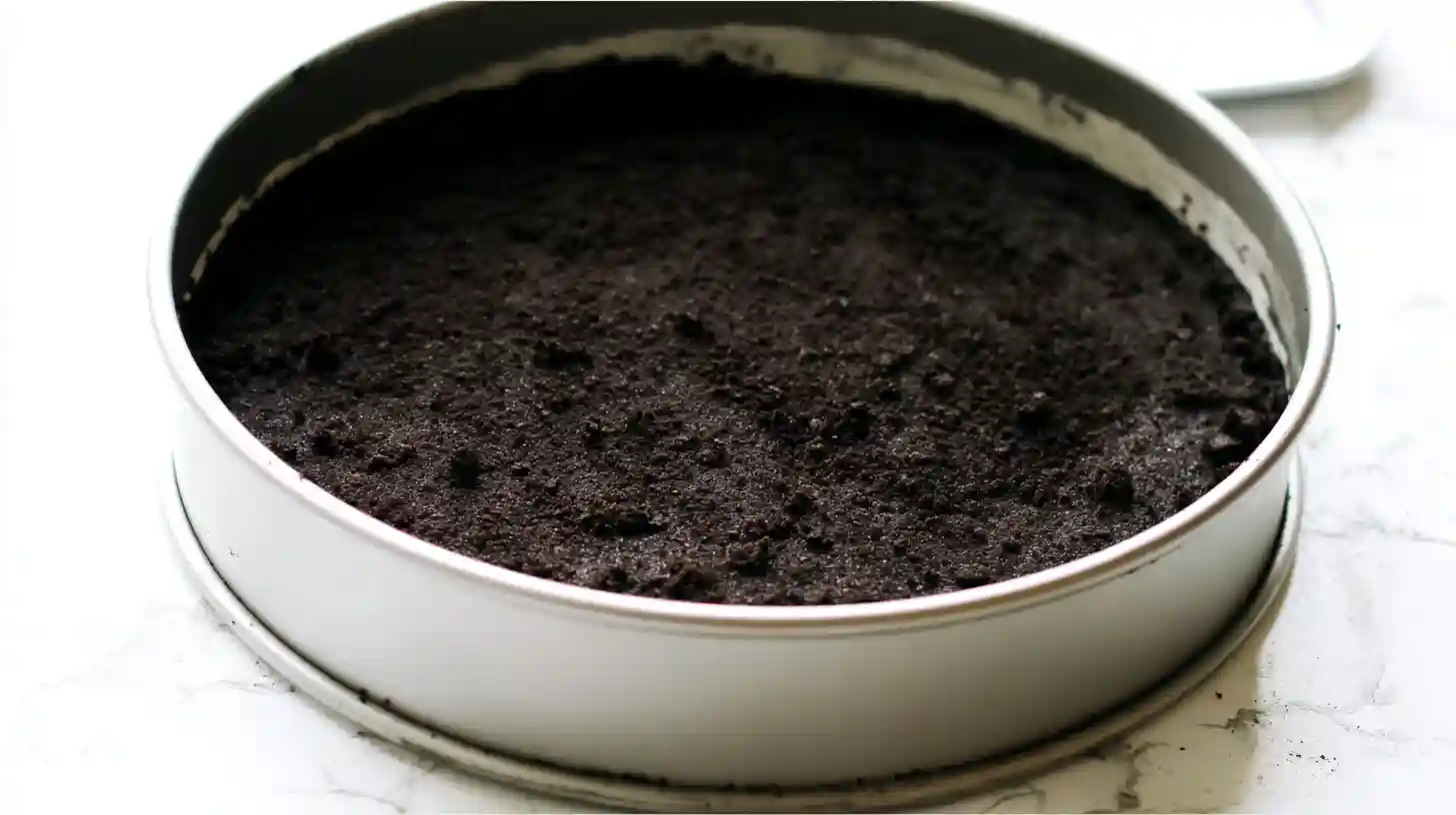 pink-paradise-no-bake-snickers-mms-cheesecake-step1-crust Oreo crust cheesecake recipe step — pressing cookie crumbs with butter for premium no-bake cheesecake