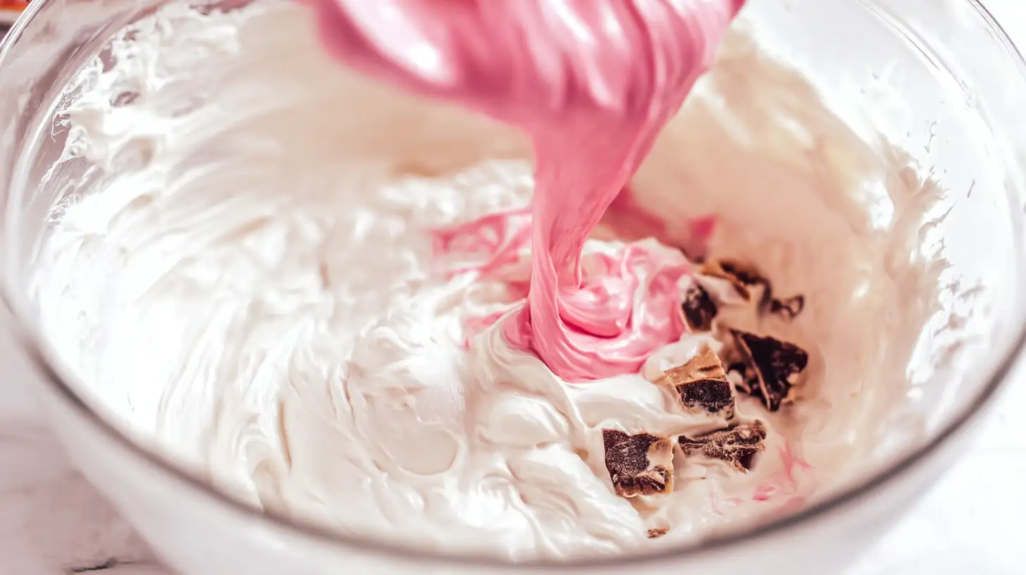 pink-paradise-no-bake-snickers-mms-cheesecake-step4-make-it-pink Pink cheesecake recipe with food coloring — swirling pink into creamy no-bake cheesecake filling