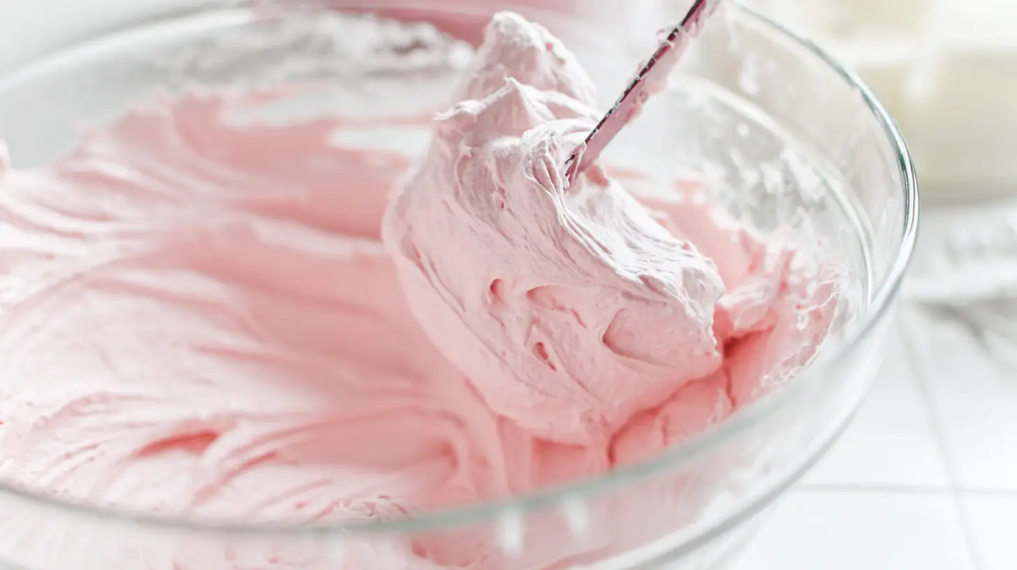 pink-paradise-no-bake-snickers-mms-cheesecake-step5-fold-cream No bake cheesecake with whipped topping — folding whipped cream into pink cheesecake filling