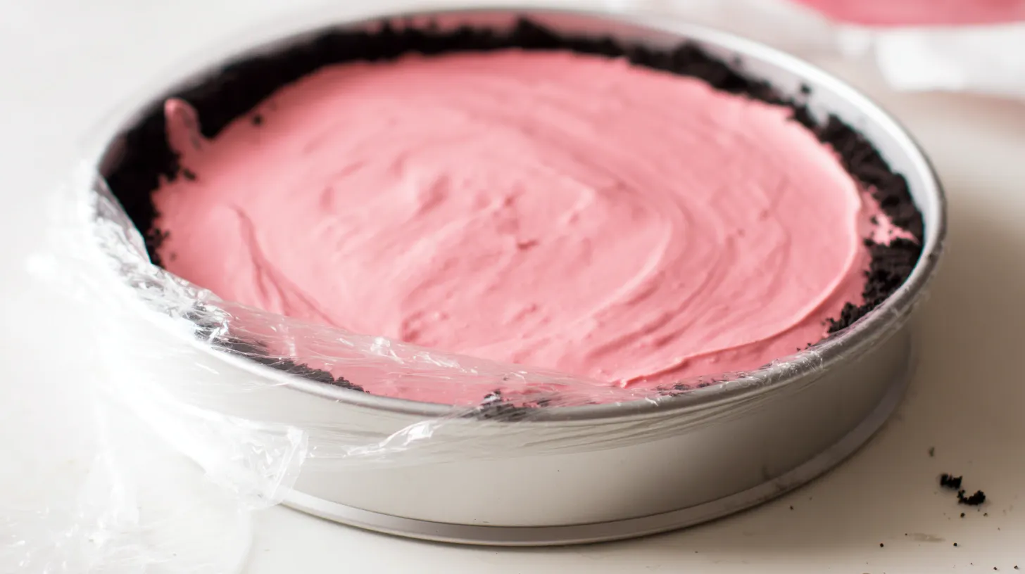 pink-paradise-no-bake-snickers-mms-cheesecake-step6-chill-to-set Best no bake cheesecake with whipped cream — pink cheesecake filling chilled to set