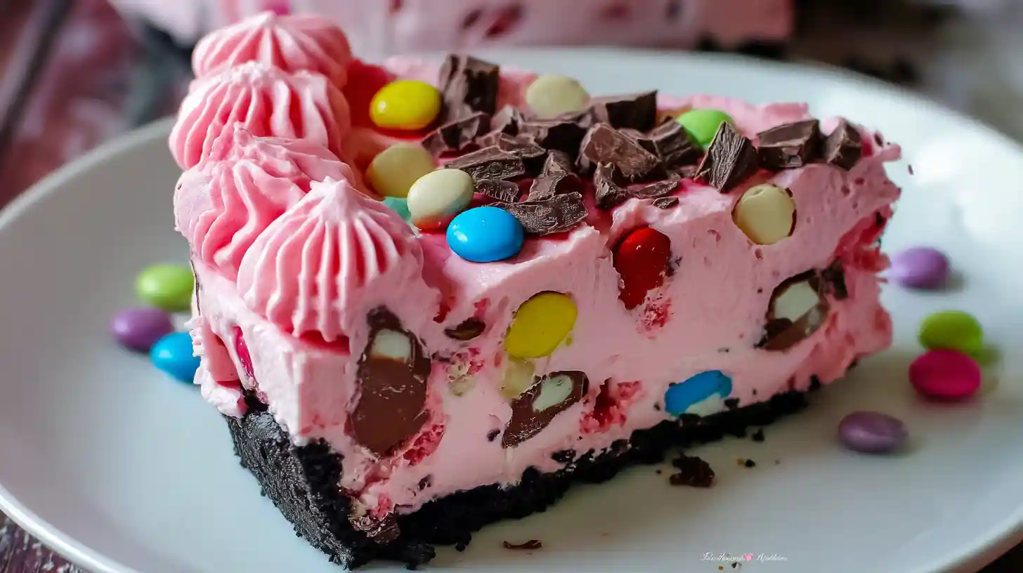 pink-paradise-no-bake-snickers-mms-cheesecake-step7-garnish-serve Snickers and M&M chocolate cheesecake — no bake cheesecake with whipped cream garnish