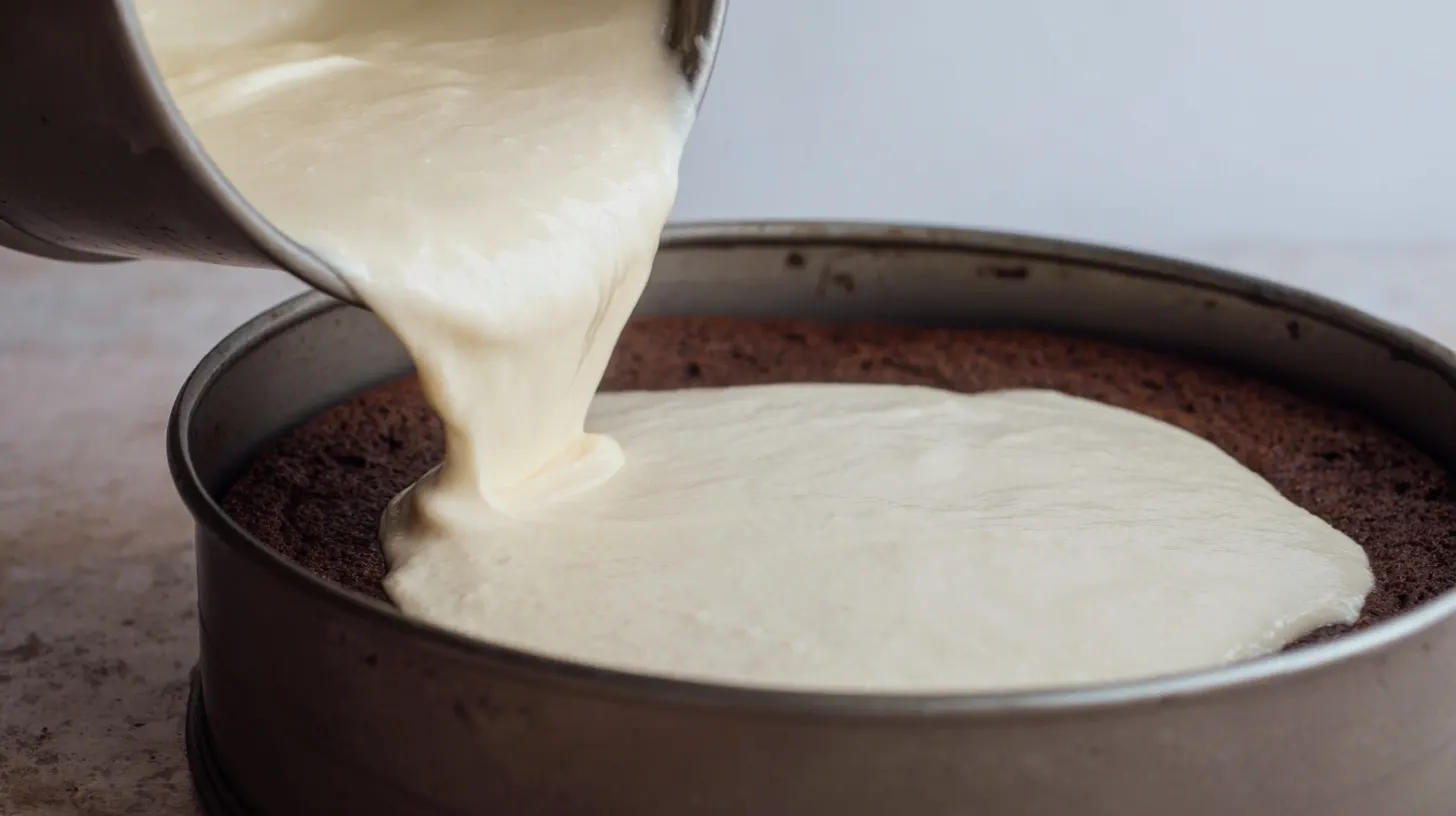 Pouring creamy cheesecake filling over brownie crust – decadent caramel brownie cheesecake recipe for gourmet cheesecake recipes and luxury chocolate desserts