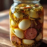 Quick Pickled Eggs Sausage and Onions – rustic high protein snack in brine.