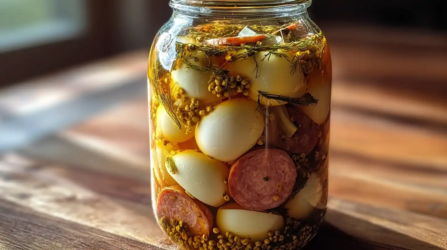 Quick Pickled Eggs Sausage and Onions – rustic high protein snack in brine.