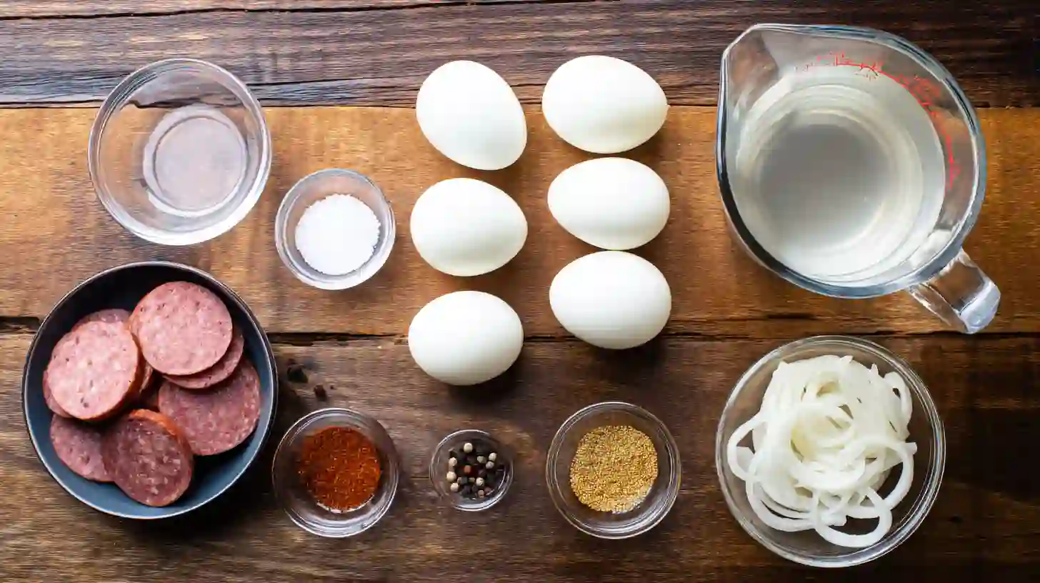 quick-pickled-eggs-sausage-and-onions-ingredients-Image Ingredients for Quick Pickled Eggs Sausage and Onions – eggs, sausage, onions, spices.