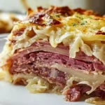 Savory Reuben Bake Perfect Dinner in 40 Minutes layered with pastrami, sauerkraut, and melted Swiss cheese, a hearty comfort food casserole