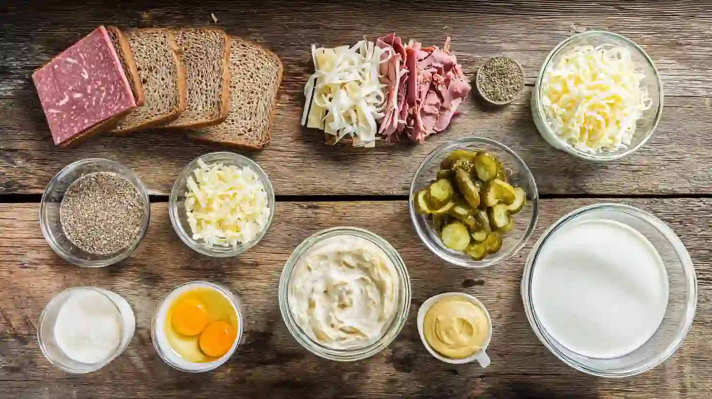 savory-reuben-bake-Perfect-Dinner-in-40-Minutes-Ingredients-Image Ingredients for Savory Reuben Bake Perfect Dinner in 40 Minutes with rye bread, pastrami, sauerkraut, Swiss cheese, and mustard – perfect family dinner casserole