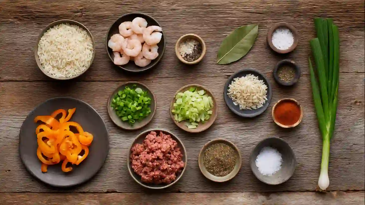 seafood-dirty-rice-Ingredients-Image Ingredients for Seafood Dirty Rice with shrimp, rice, sausage, and vegetables — easy one pot meals for busy families and healthy seafood and rice bowls