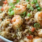 Seafood Dirty Rice with shrimp, sausage, and scallions — quick shrimp and rice meals and easy one pot meals for busy families