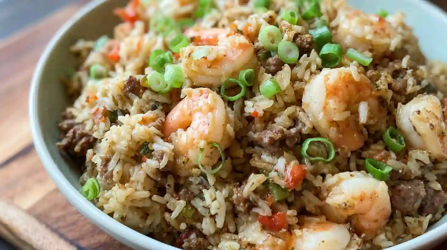 Seafood Dirty Rice with shrimp, sausage, and scallions — quick shrimp and rice meals and easy one pot meals for busy families