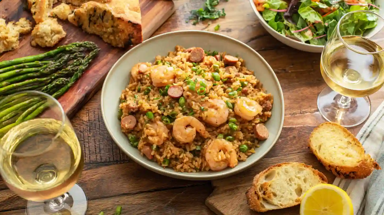 seafood-dirty-rice-serving-suggestions Seafood Dirty Rice served with salad, roasted asparagus, garlic bread, and best wines with seafood dishes like Chardonnay and Sauvignon Blanc