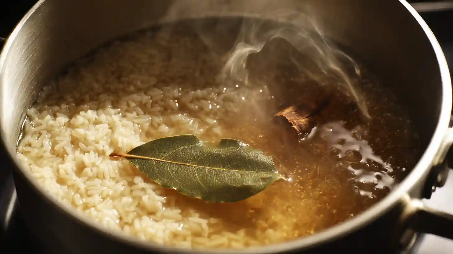 seafood-dirty-rice-step1-cook-rice Rice simmering with bay leaf, cayenne, paprika, and thyme for Seafood Dirty Rice — quick shrimp and rice meals and easy one pot meals for busy families