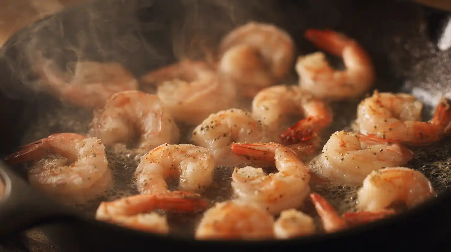 seafood-dirty-rice-step2-cook-shrimp Shrimp searing in a skillet until pink for Seafood Dirty Rice — quick shrimp and rice meals and high protein seafood recipes
