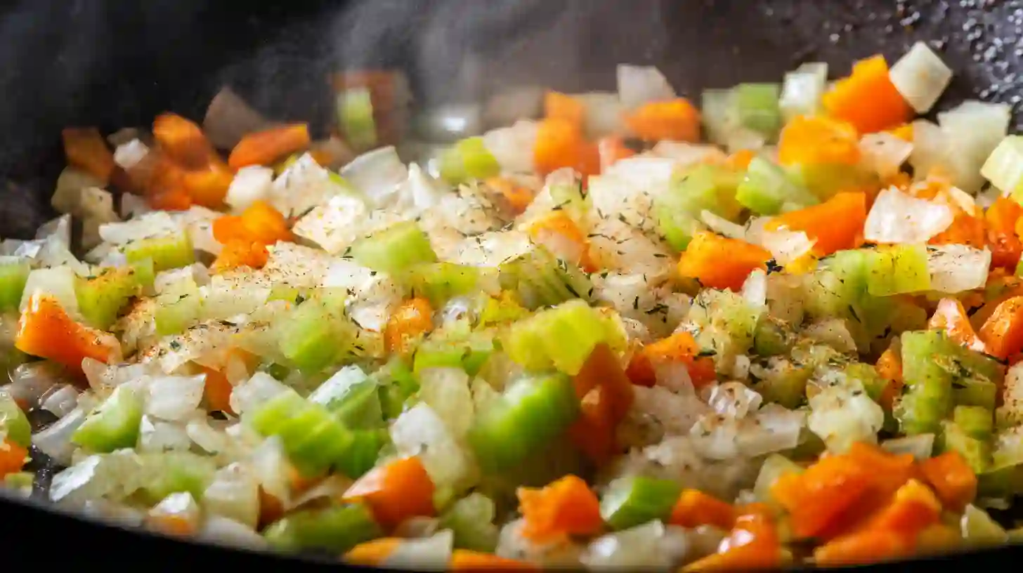 seafood-dirty-rice-step3-build-base. Onion, garlic, celery, and bell peppers sautéing with spices for Seafood Dirty Rice — easy one pot meals for busy families and spicy shrimp and rice dish
