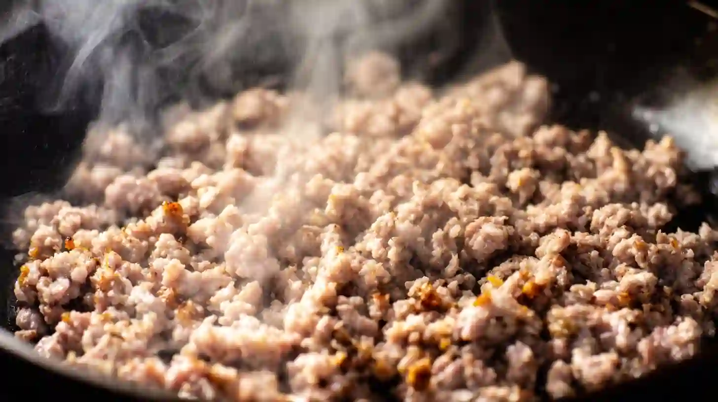 seafood-dirty-rice-step4-add-meat Ground beef or sausage browning in a skillet for Seafood Dirty Rice — quick shrimp and rice meals and easy one pot meals for busy families