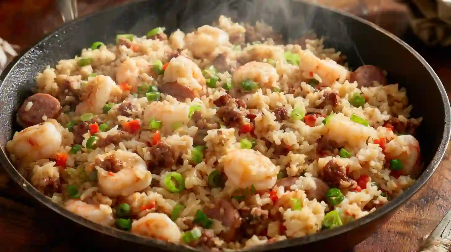 seafood-dirty-rice-step5-bring-together Seafood Dirty Rice with shrimp, sausage, scallions, and rice tossed together — quick shrimp and rice meals and healthy seafood and rice bowls