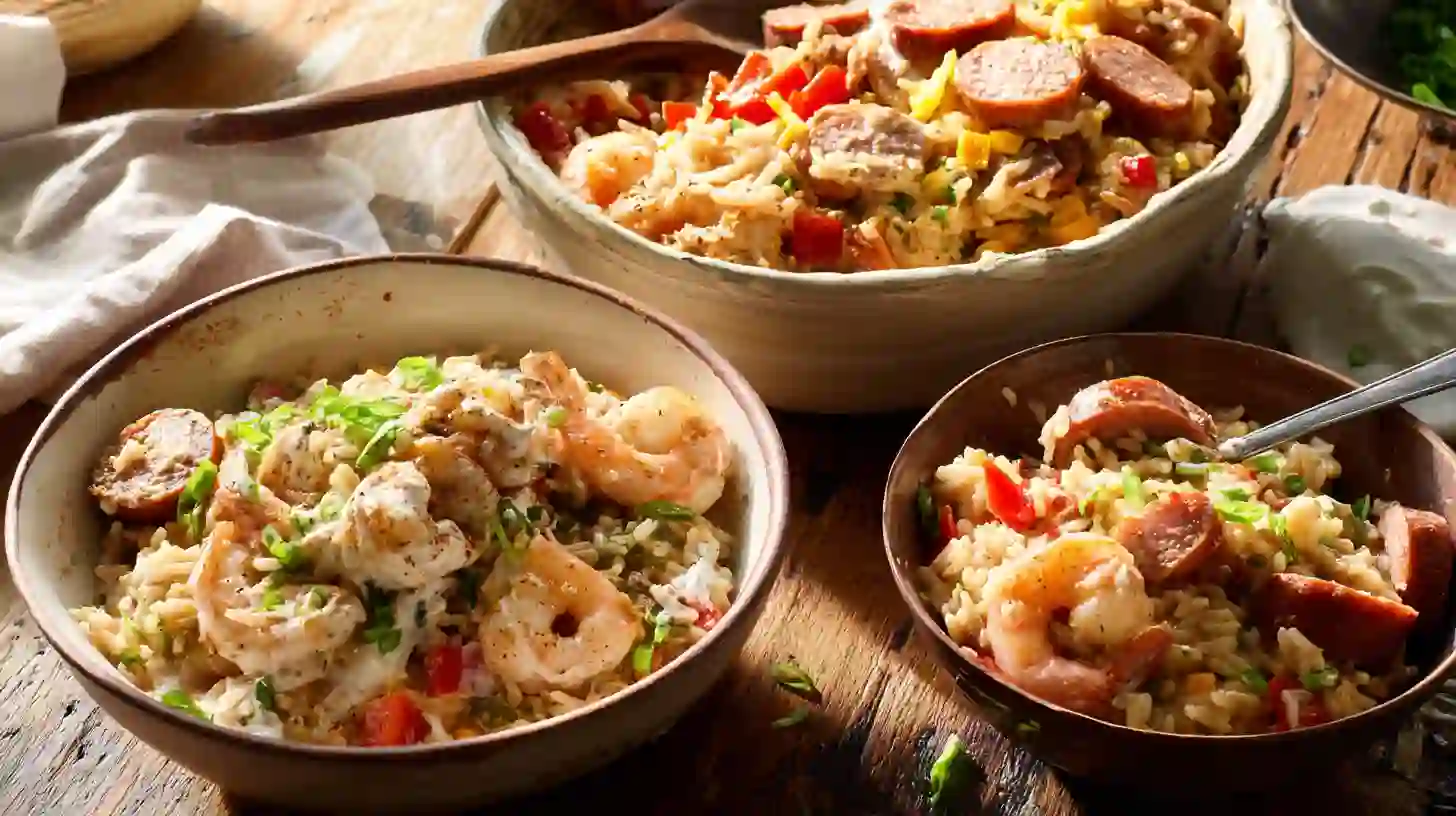 seafood-dirty-rice-variations Variations of Seafood Dirty Rice including healthy rice bowl with seafood, one pot seafood and rice meal, and Creole dirty rice with shrimp